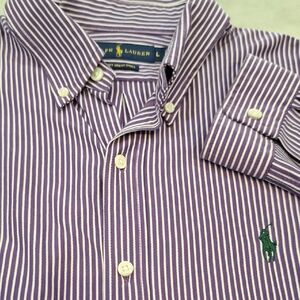 Polo Ralph Lauren Knit Dress Shirt Sz Lg Purple White Stretchy Not Stiff‎ Office